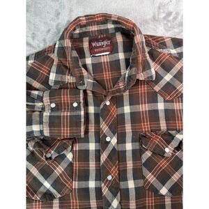 Wrangler Western Shirt Mens XL Brown Plaid Pearl Snap Pockets Flannel Cowboy
